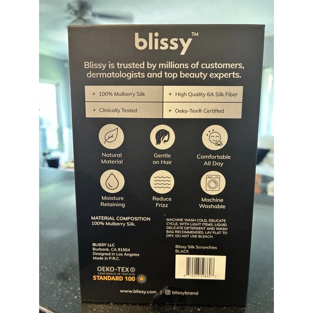 NWT Blissy Scrunchies 6 pack Set Black 3 Regular/3 Skinny 100% Silk Hair Ties